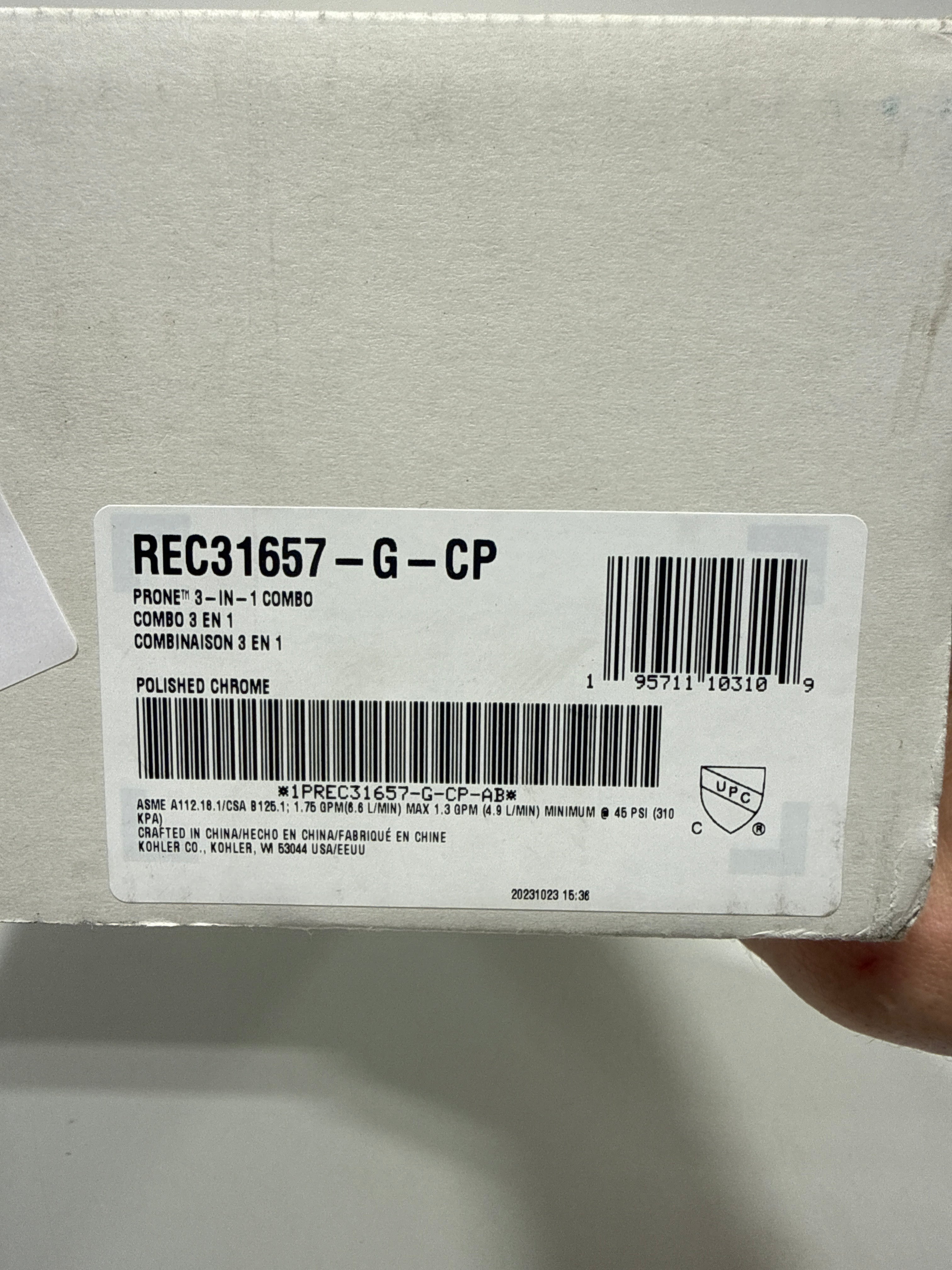 Kohler REC31657-G-CP Prone™ 3-in-1 combo shower kit, 1.75 gpm, Polished Chrome