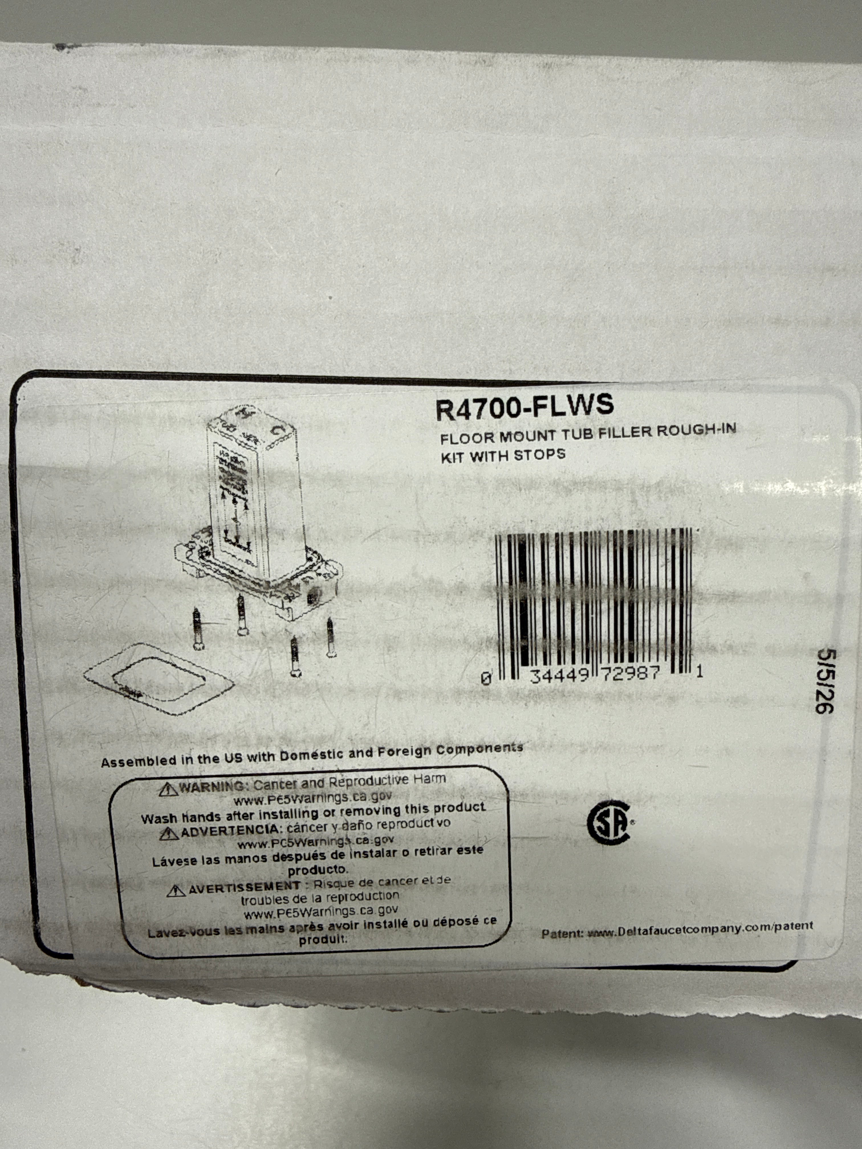 Delta Trinsic Floor Mount Tub Filler Rough-in Kit with Stops R4700-FLWS