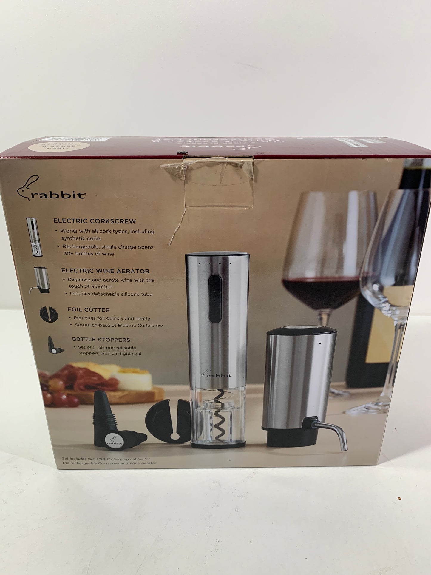 Rabbit Electric Wine Tool Set - 5-Piece Wine Accessory Collection - Aerator, Corkscrew, Cutter, Stoppers, Charging Cables