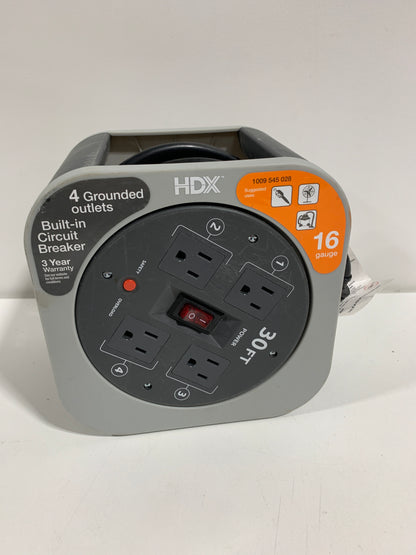 Used 30 Ft. 16/3 Extension Cord Reel with 4 Grounded Outlets and Surge Protector in Gray