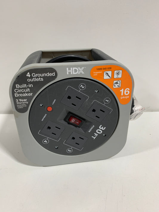 Used 30 Ft. 16/3 Extension Cord Reel with 4 Grounded Outlets and Surge Protector in Gray