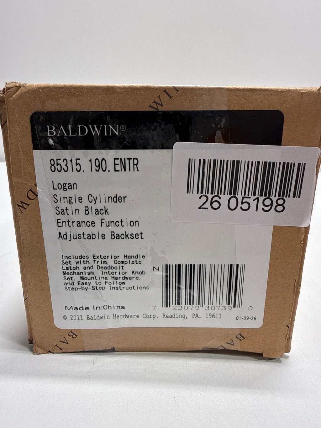 Baldwin 85315.ENTR Logan Single Cylinder Handleset with Classic Interior Knob, Satin Black
