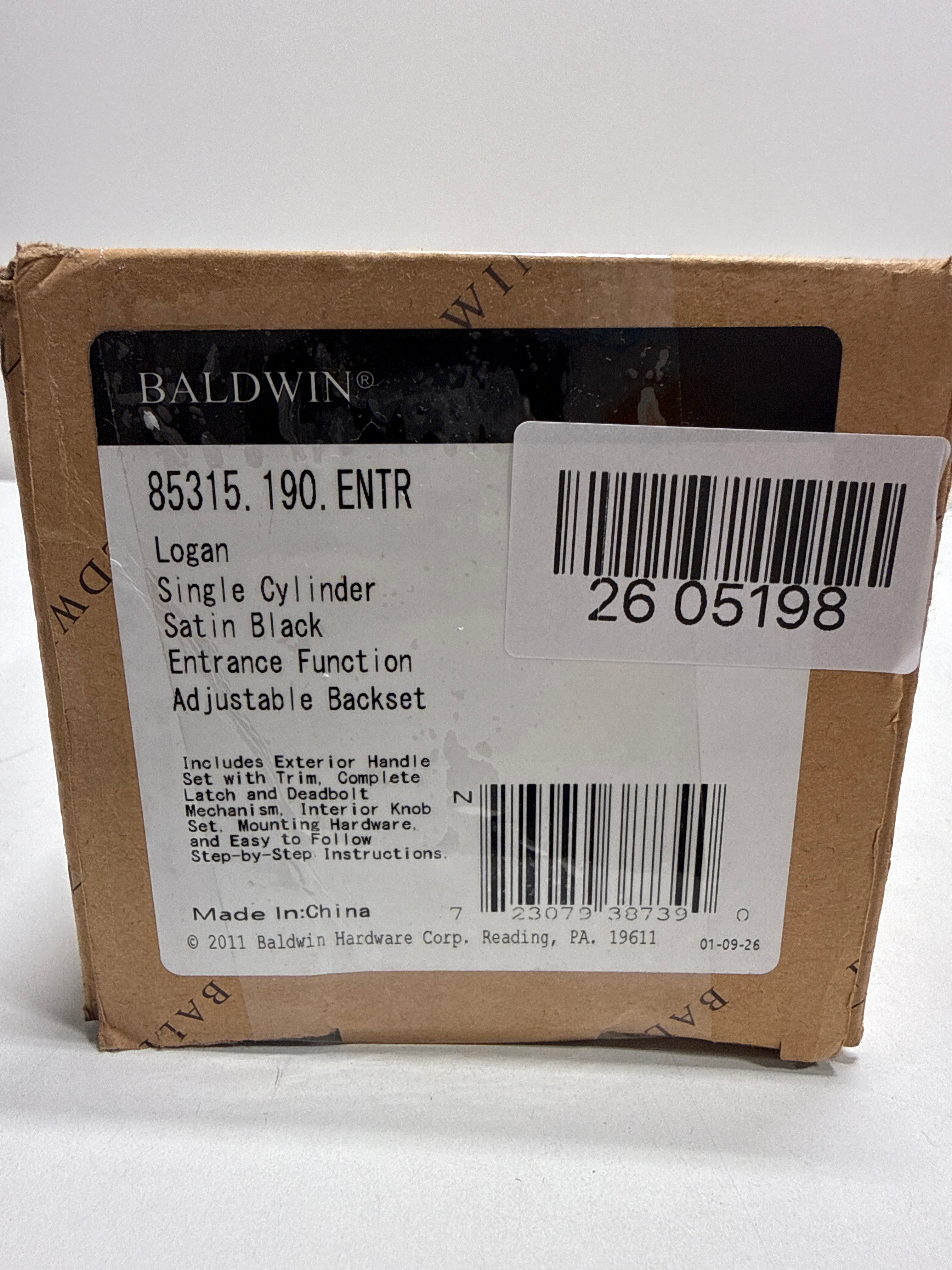 Baldwin 85315.ENTR Logan Single Cylinder Handleset with Classic Interior Knob, Satin Black