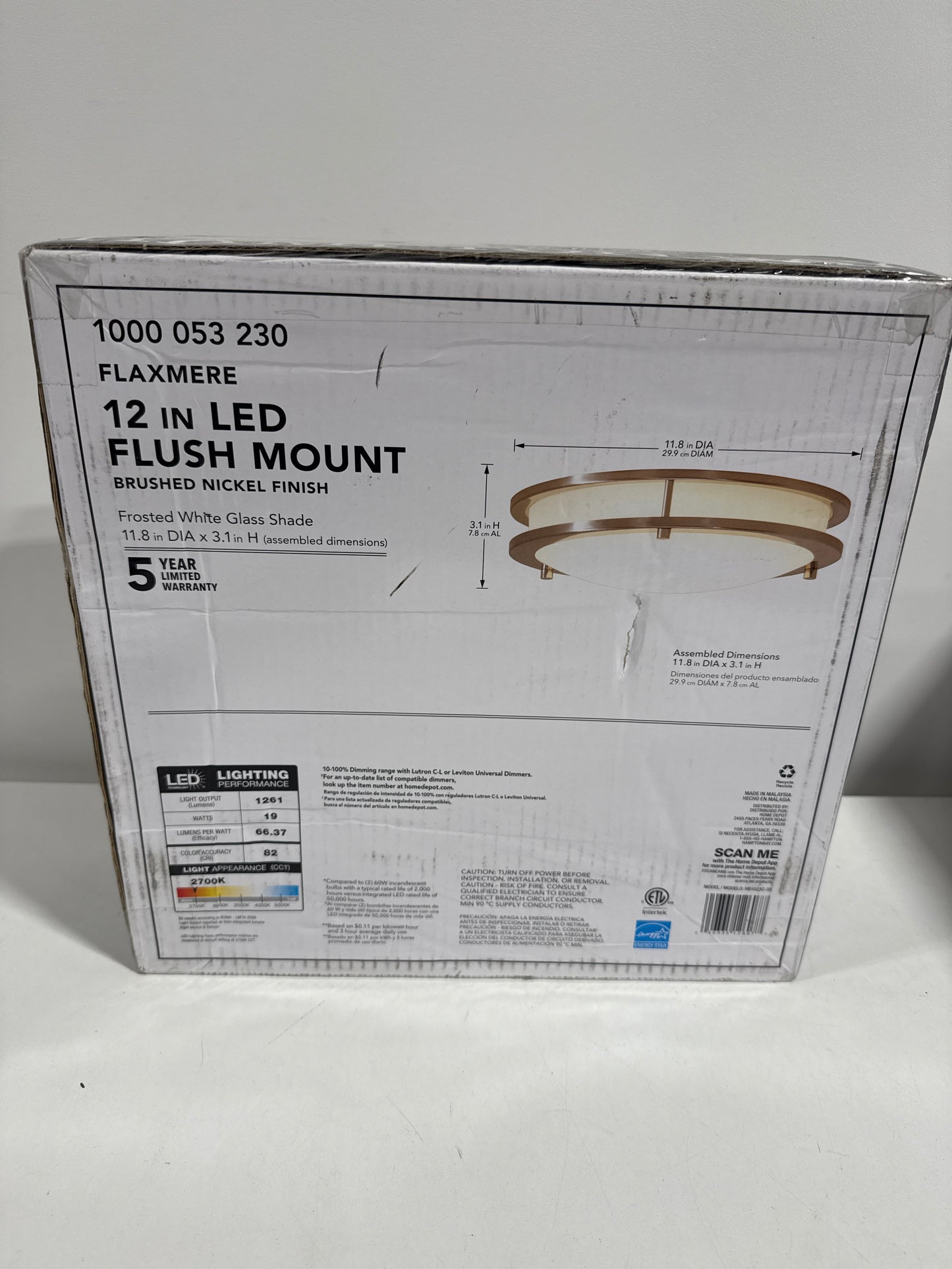 Flaxmere 12 in. Brushed Nickel Dimmable Integrated LED Flush Mount Ceiling Light with Frosted White Glass Shade