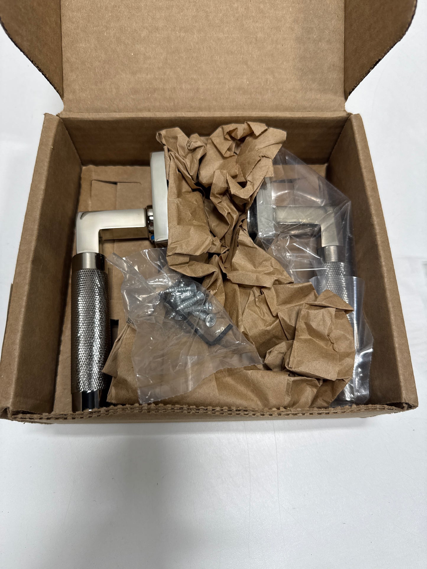 Emtek Knurled L-Square Left Handed Non-Turning Two-Sided Dummy Door Lever Set with Square Rose from the SELECT Brass Collection Model: 5050US14.LSUS14.KNUS14.LH