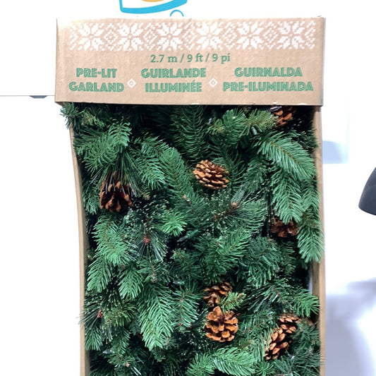 Kirkland 9ft Pre Lit White/Multi Color LED Greenery Garland with Pinecones