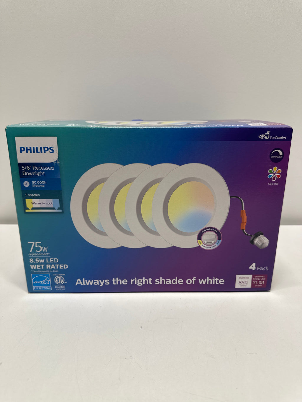 Philips 5/6" LED Recessed 4-Pack – Adjustable White (2700K–5000K), 75W Replacement, Fits 5” & 6” Cans