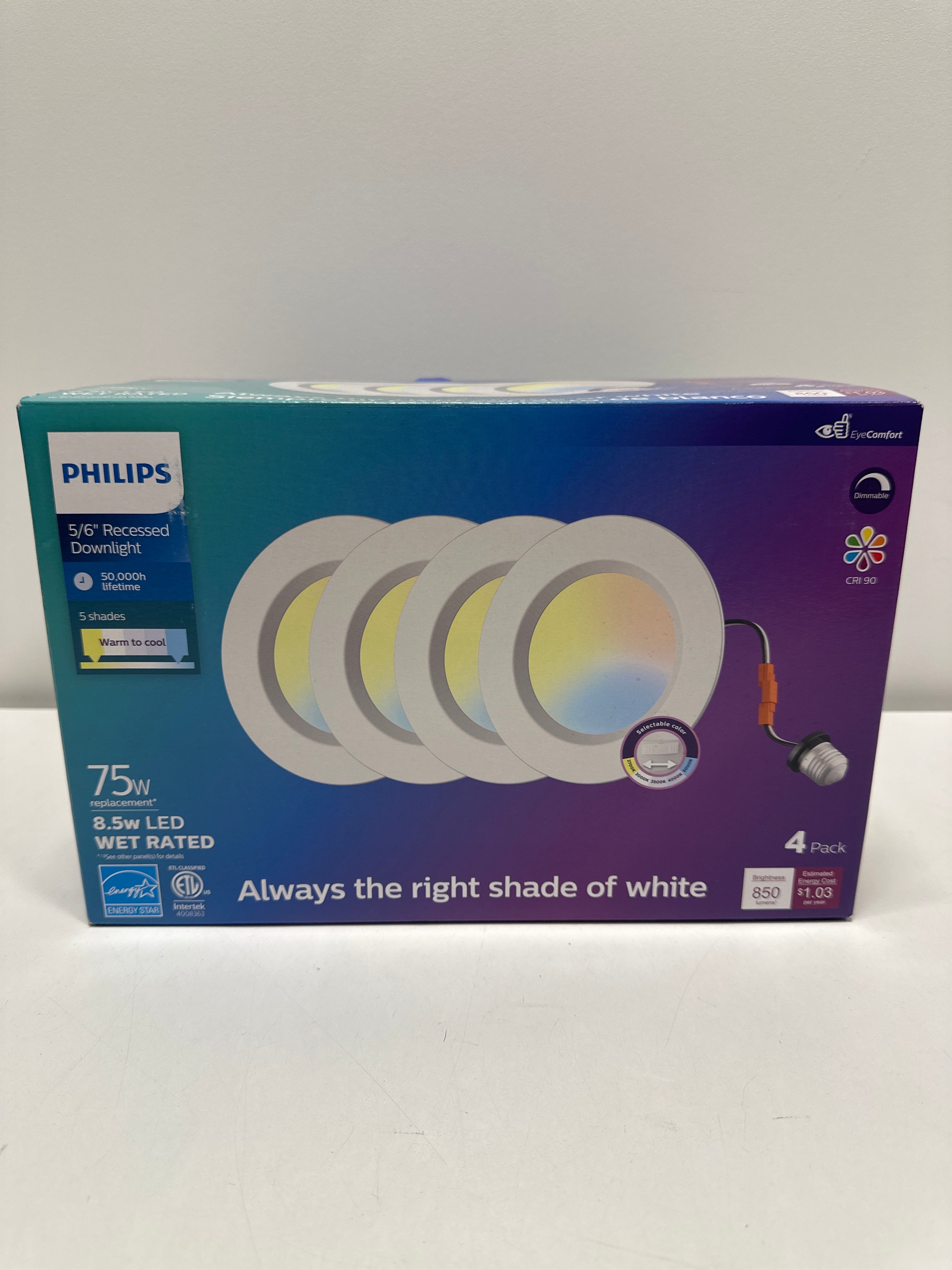Philips 5/6" LED Recessed 4-Pack – Adjustable White (2700K–5000K), 75W Replacement, Fits 5” & 6” Cans