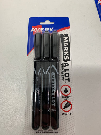 12 AVERY Marks-A-Lot Permanent Markers, Pen-Style Size, Bullet Tip, Water and Wear Resistant, 3 Black Markers (29837)