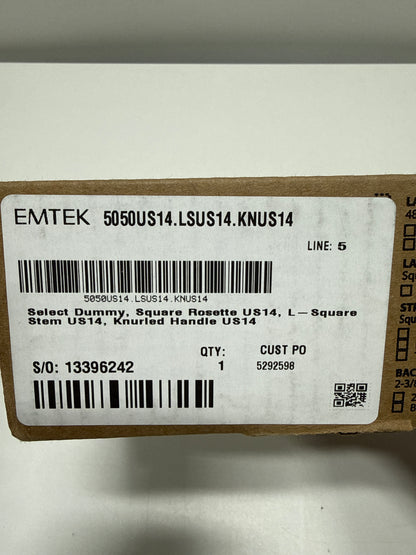 Emtek Knurled L-Square Left Handed Non-Turning Two-Sided Dummy Door Lever Set with Square Rose from the SELECT Brass Collection Model: 5050US14.LSUS14.KNUS14.LH