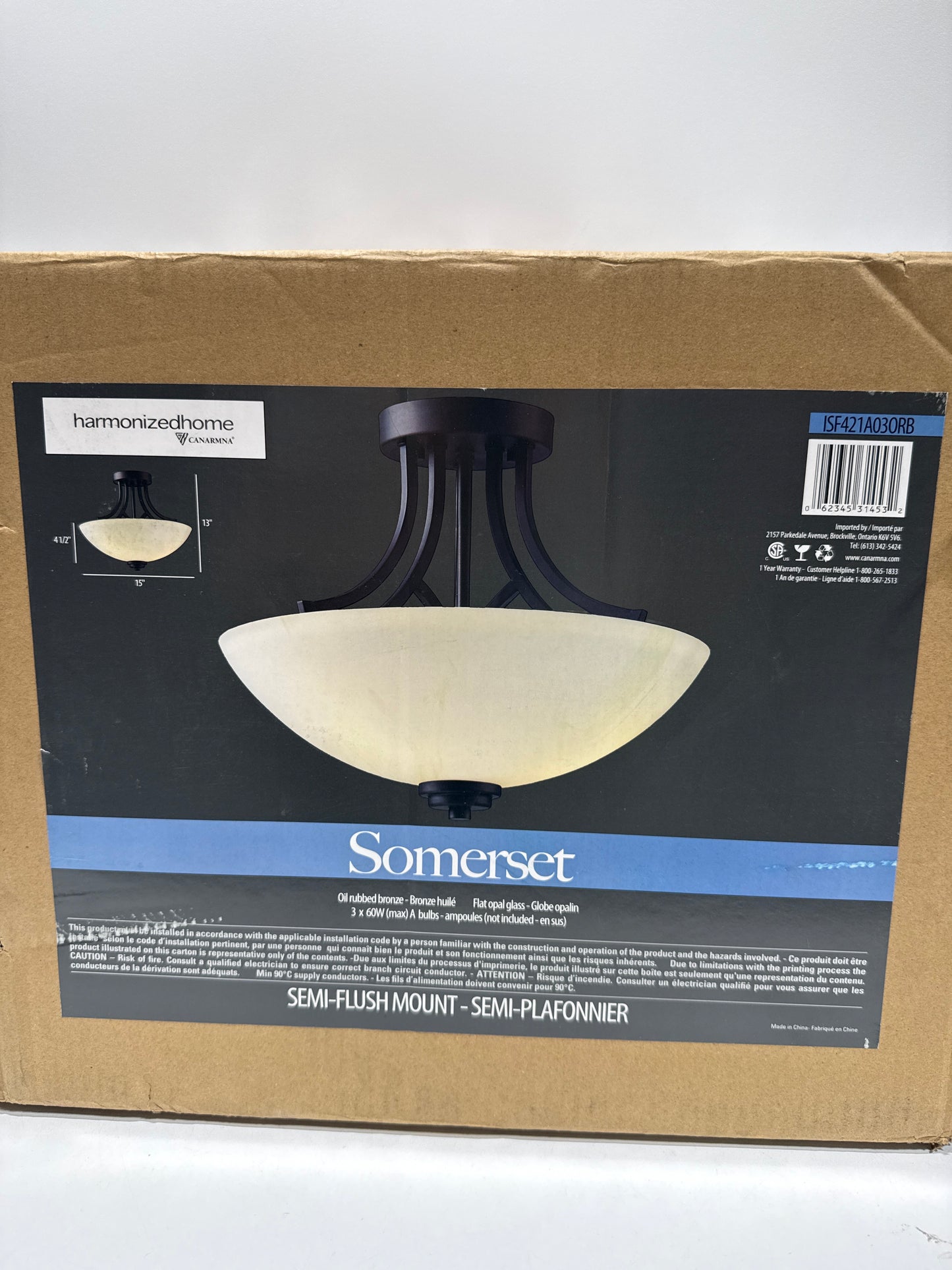 Canarm Somerset 3-Light Semi-Flush Mount, 15-Inch Oil Rubbed Bronze Ceiling Light with Flat Opal Glass Shade, Transitional Lighting for Kitchen or Dining Room