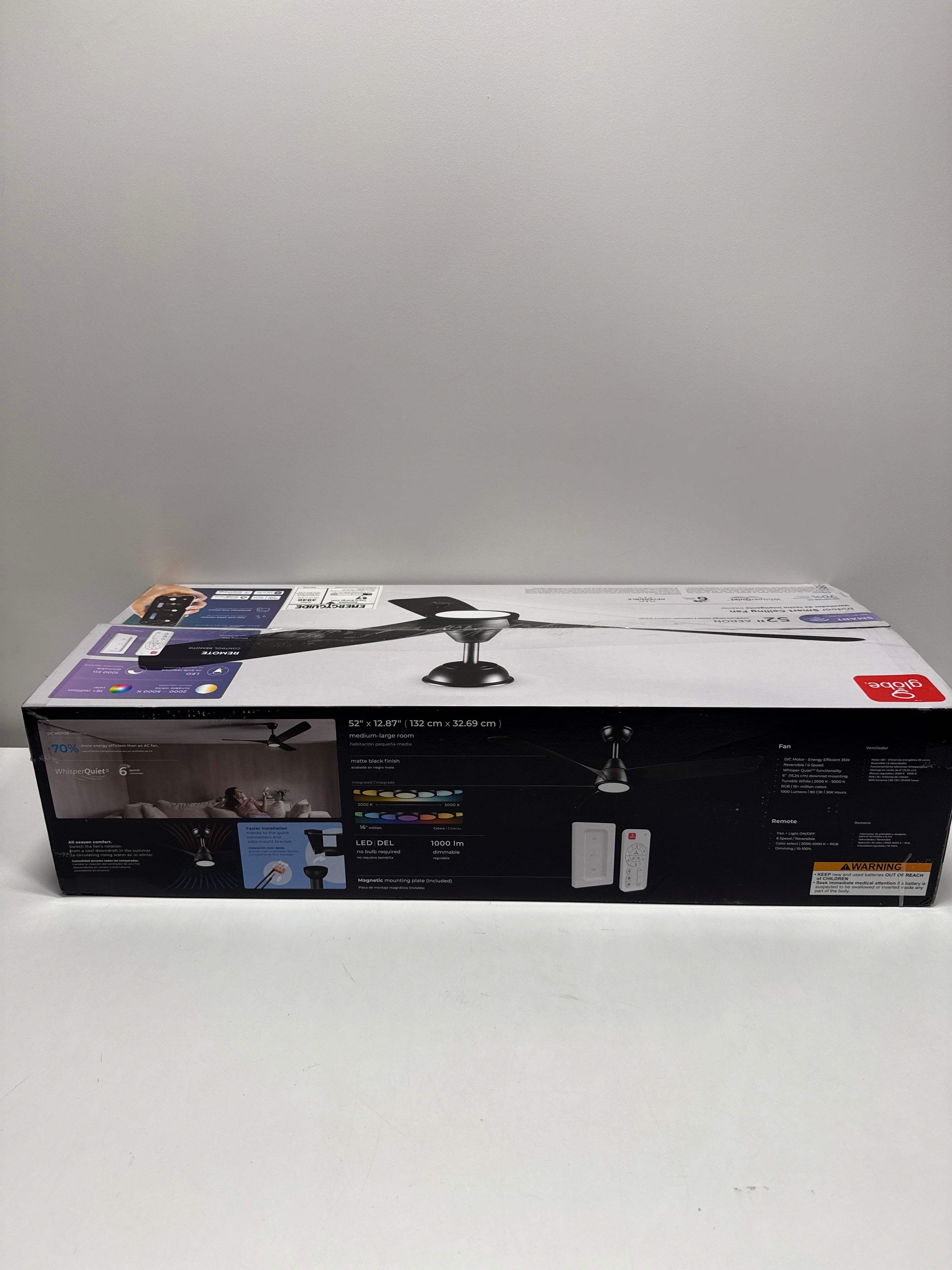 Globe Electric 37000110 52" Smart Ceiling Fan with LED Light, Remote Control, WhisperQuiet DC Motor, 6 Speeds, Matte Black