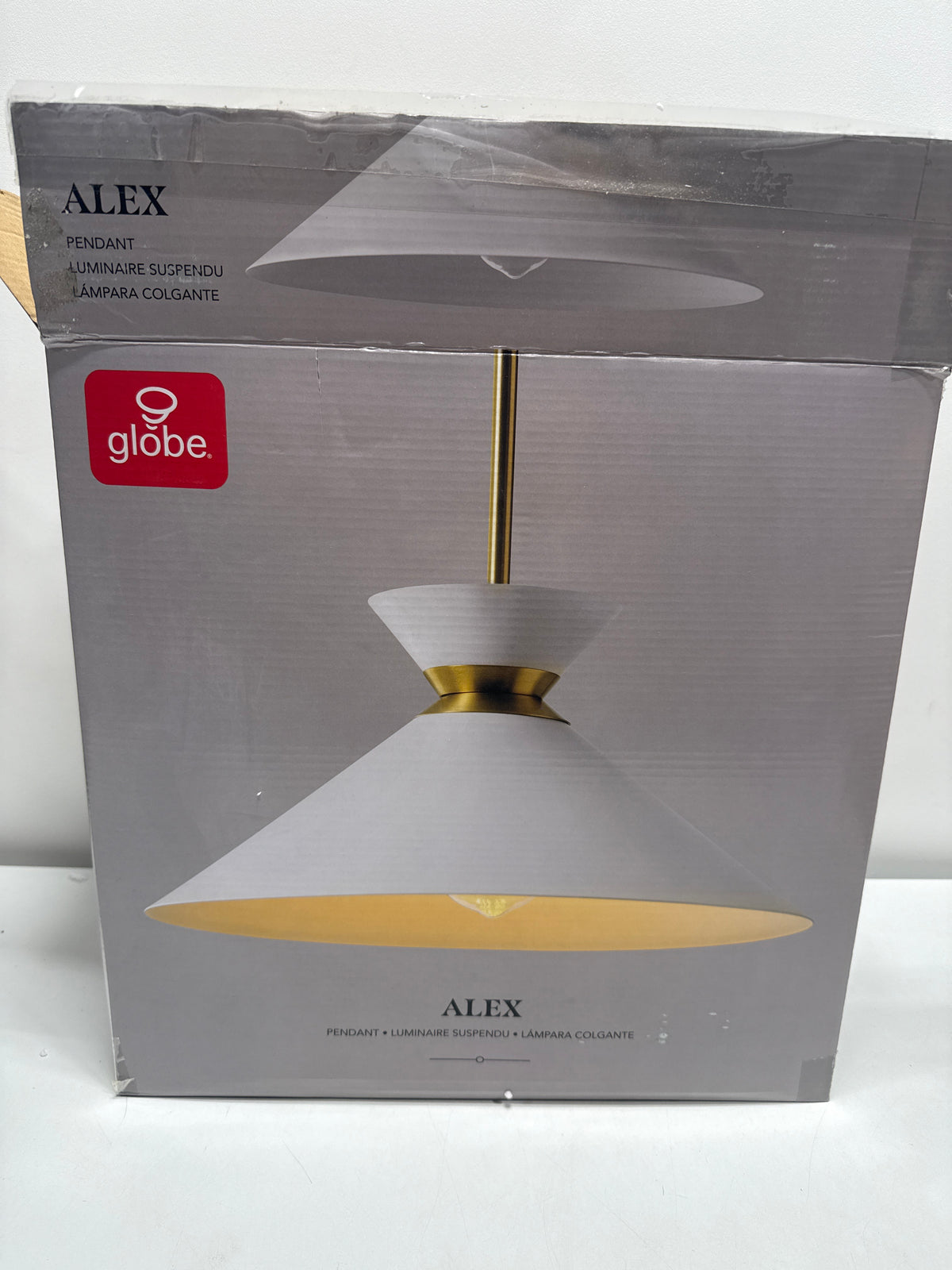GLOBE Electric 1-Light Pendant Light Matte Brass Finish White Tapered Metal Shade with Ring Detail Adjustable Rods