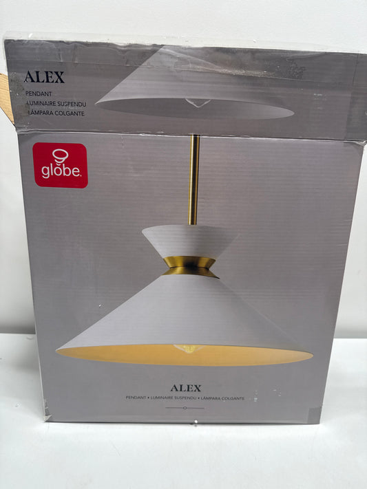 GLOBE Electric 1-Light Pendant Light, Matte Brass Finish, White Tapered Metal Shade with Ring Detail, Adjustable Rods, Dimmable, E26 Base, 67000197