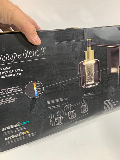 Champagne Globe 26 in. 3 Light Black Gold Modern Integrated LED 5 CCT Vanity Light Bar for Bathroom with Bubble Glass