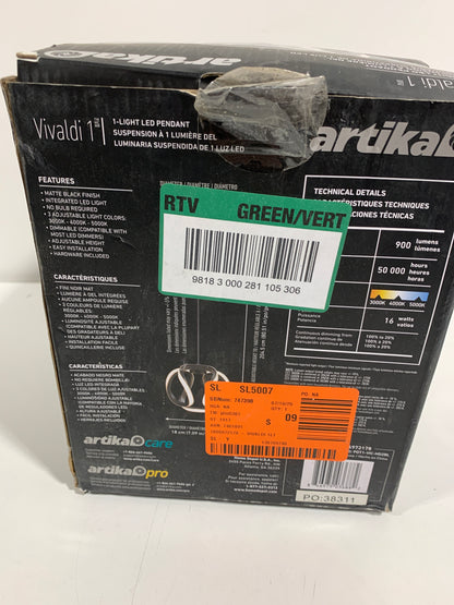 Artika LED Modern Pendant Light Fixture Black 12W 800 Lumens PDT1-VIC-BL