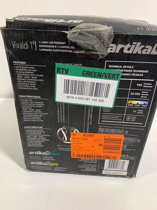 Artika LED Modern Pendant Light Fixture Black 12W 800 Lumens PDT1-VIC-BL