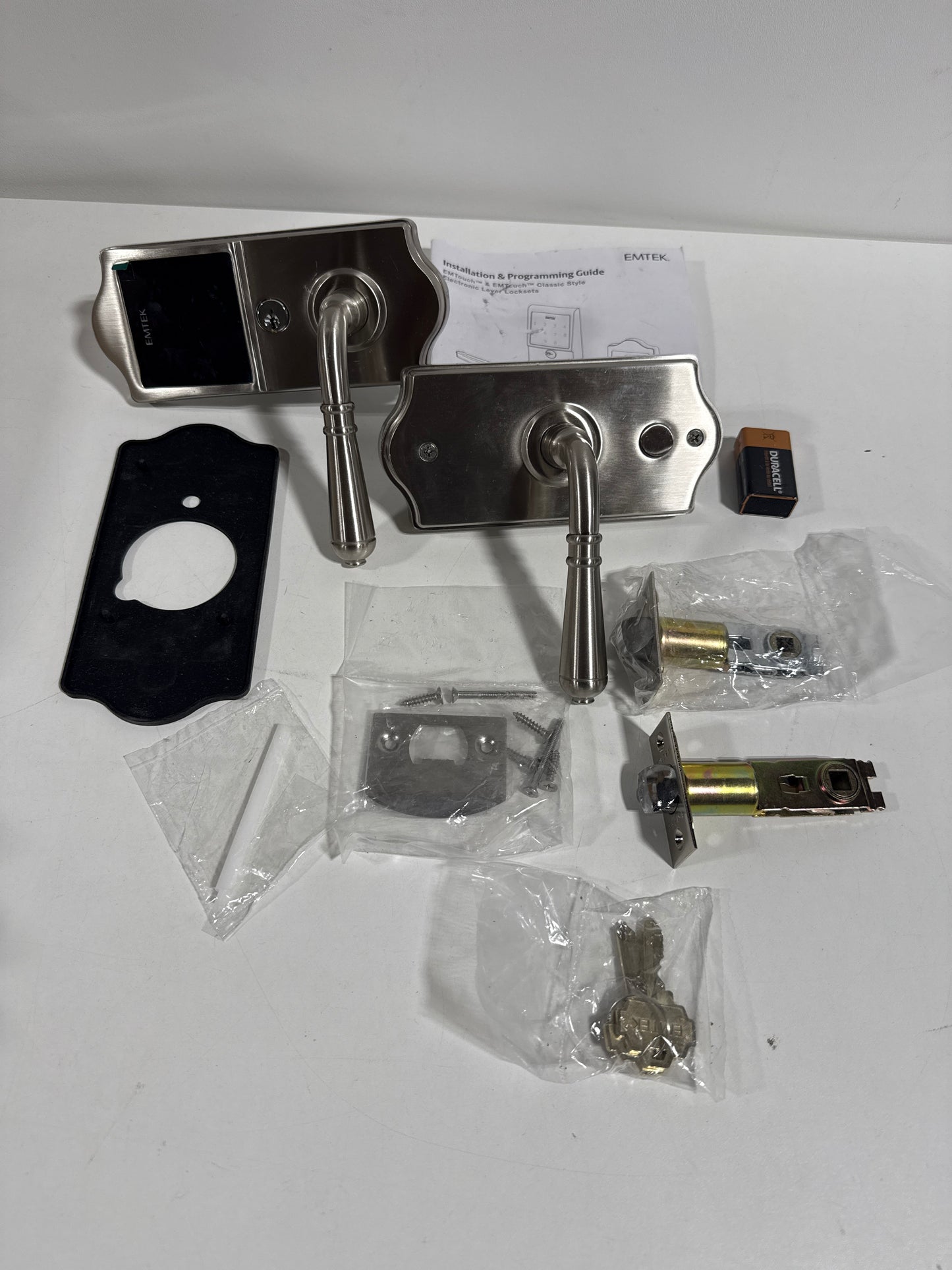 Used Emtek E4202US15 Satin Nickel EMTouch Classic Keypad Style Leverset with Storeroom/Gate Function