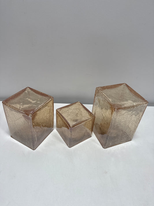 Used See Desc Evergreen LED Glass Cube Towers Gold Crackle Finish 3 Hand-Blown