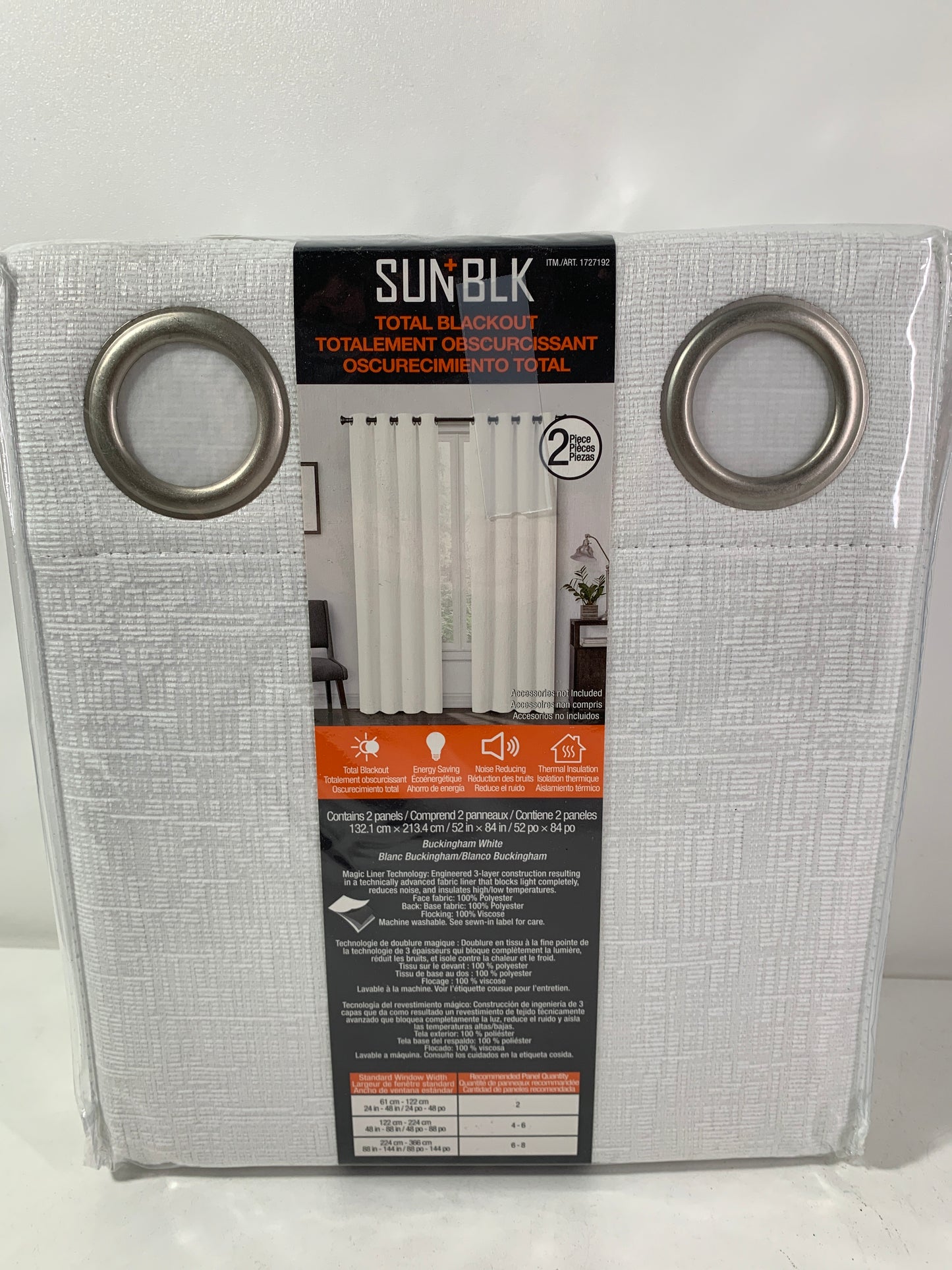 SUN+BLK Buckingham Total Blackout Window Curtains, 2-pack White