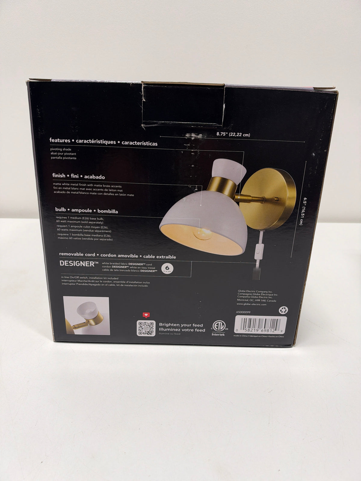 Alice 6.5 in. 1-Light Matte Brass Wall Sconce Light with Plug-in/Hardwire Matte White Pivoting Shade for Indoor Use