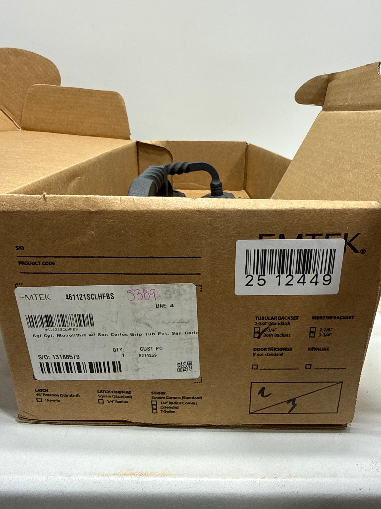 EMTEK Monolithic w/San Carlos Grip Tubular Entry Set w/Matching Finish San Carlos Lever - Choice of L/R Handing - Available in 2 Finishes - 461121SCLHFBS - Left Handed (LH) - Flat Black Steel (FBS)