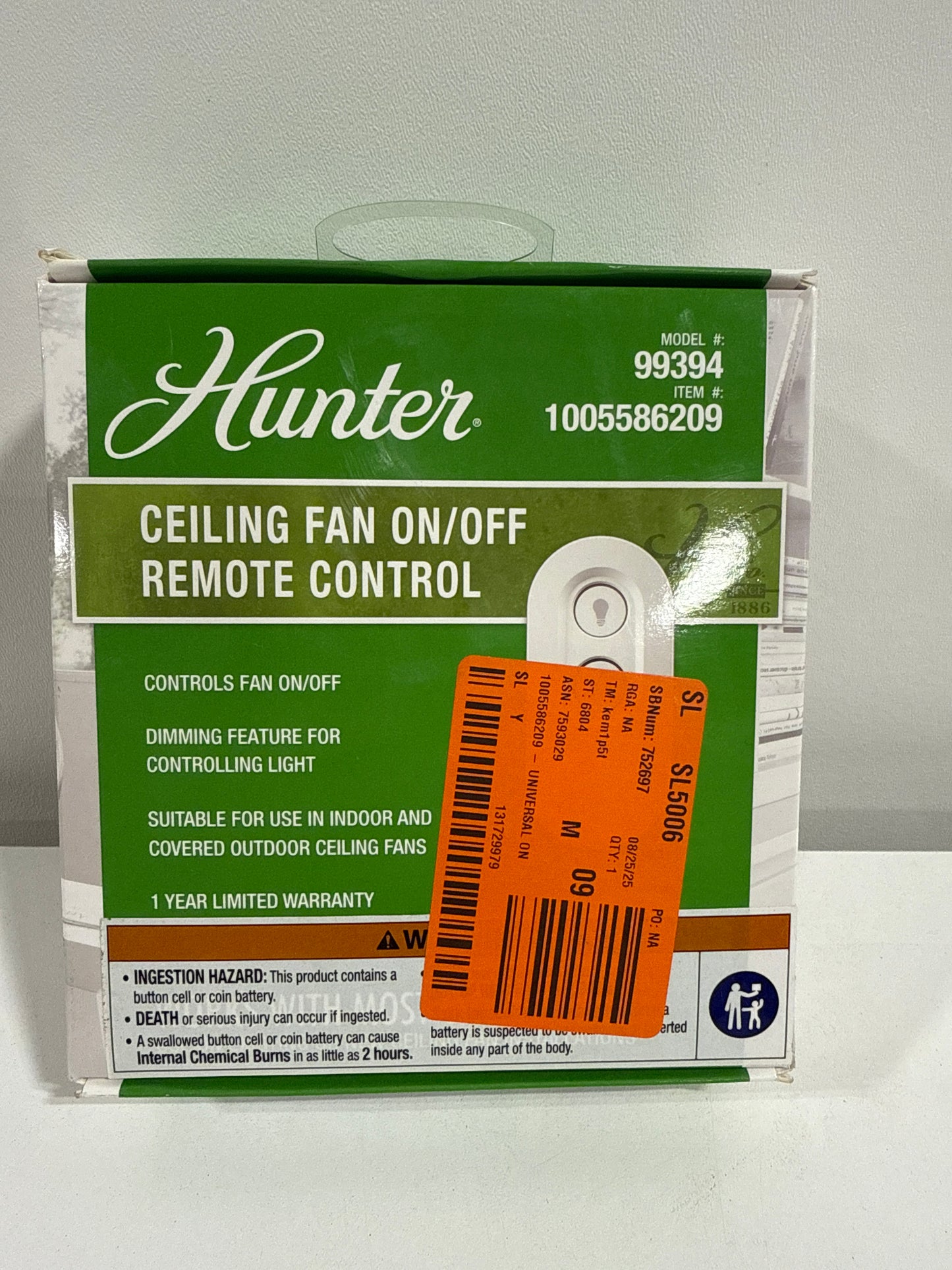 Universal on/Off Damp Rated Ceiling Fan Remote Control White