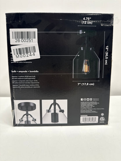 7 in. 1-Light Matte Black Flush Mount with Clear Glass Shade and No Bulbs Included