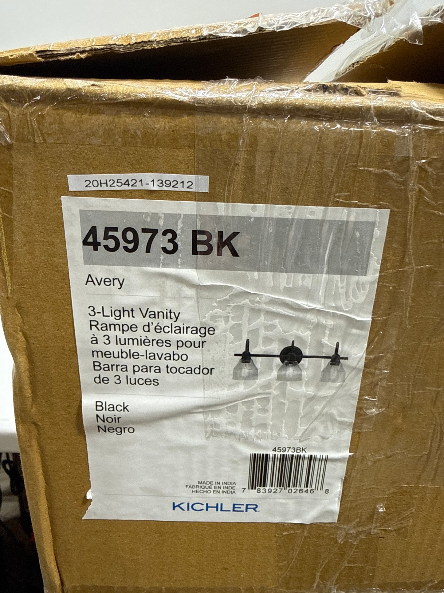 Kichler Avery 24" 3-Light Bathroom Vanity Light in Black with Clear Seeded Glass for Bathroom and Powder Room Vanity, Industrial Styling, (24" W x 9.5" H x 8.25" Ext.), 45973BK