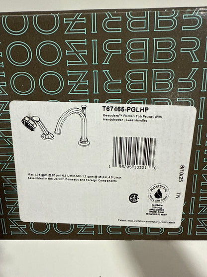 Brizo T67465-LHP Beauclere Deck Mounted Roman Tub Filler with Integrated Diverter and Hand Shower - Less Handles and Rough in Polished Gold Faucet