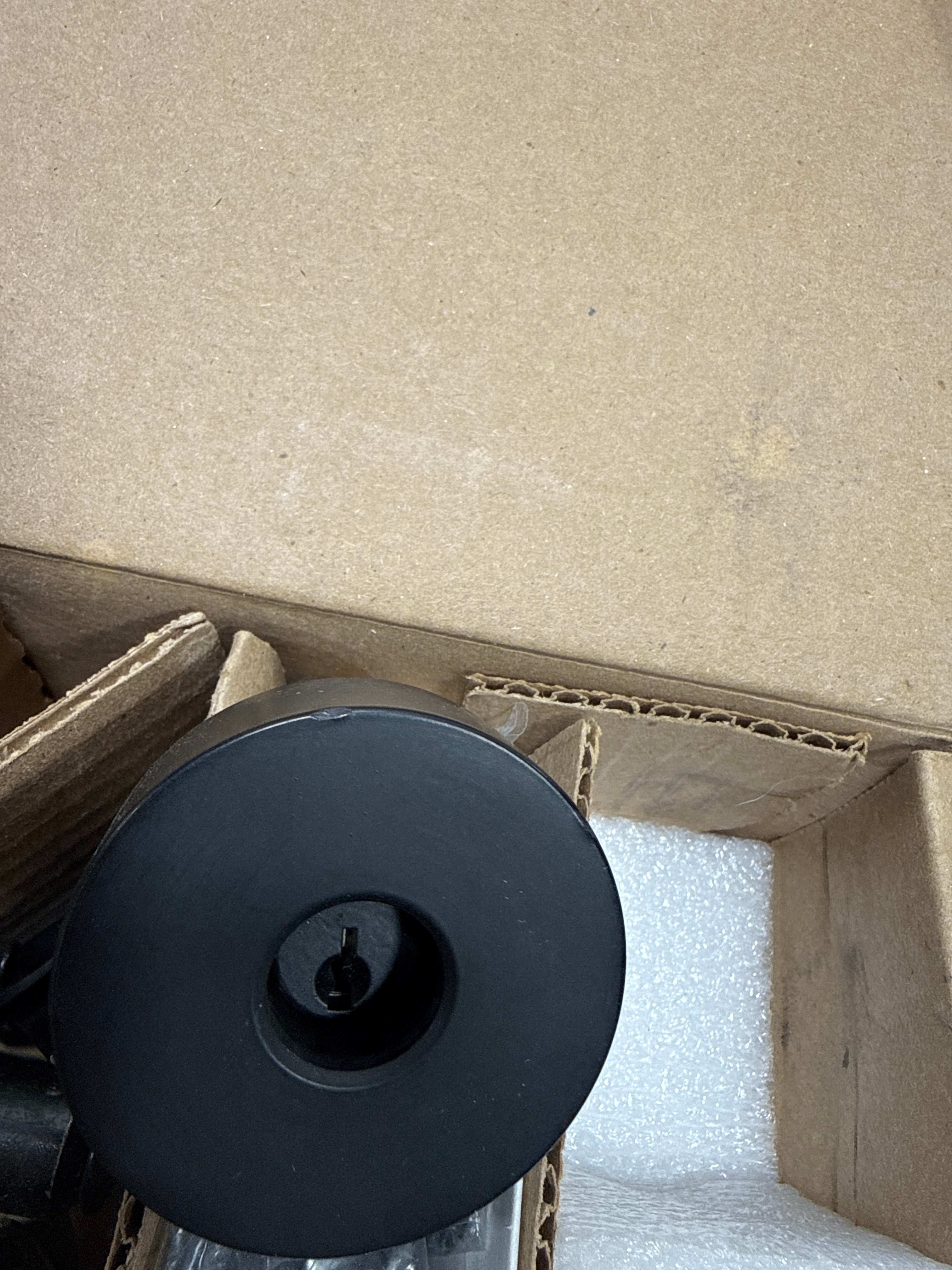 Dinged Entry Contemporary Knob and Contemporary 5in Rose with 6AL Latch and Dual Strike Satin Black Finish