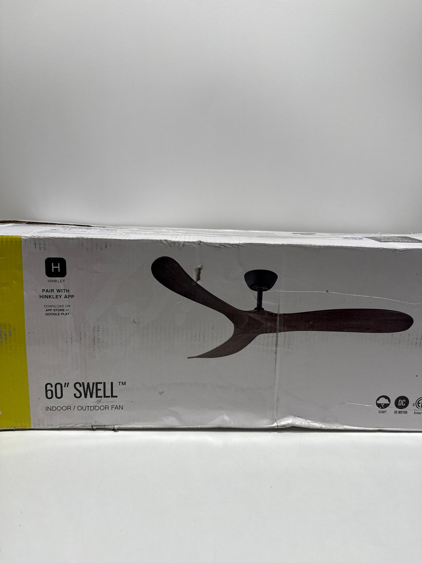 Hinkley Swell 60" Indoor/Outdoor Smart Ceiling Fan with Remote, Modern Propeller Design, Damp Rated, Wooden Blades, Matte White