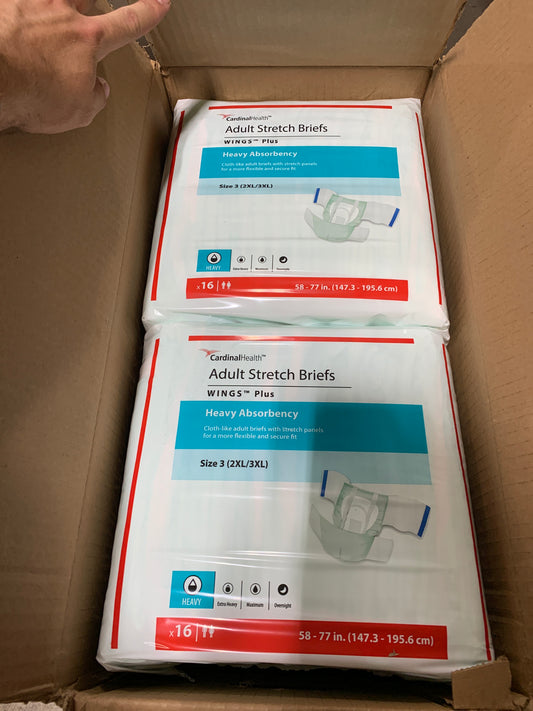 Cardinal Health Wings Plus Adult Stretch Briefs, Heavy Absorbency, Green, Size 3, 2XL/3XL, Case of 64