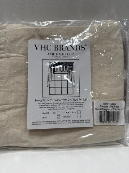 VHC Brands Simple Life Flax Natural Country Farmhouse Window Curtain Swag Set of 2 36x36x16