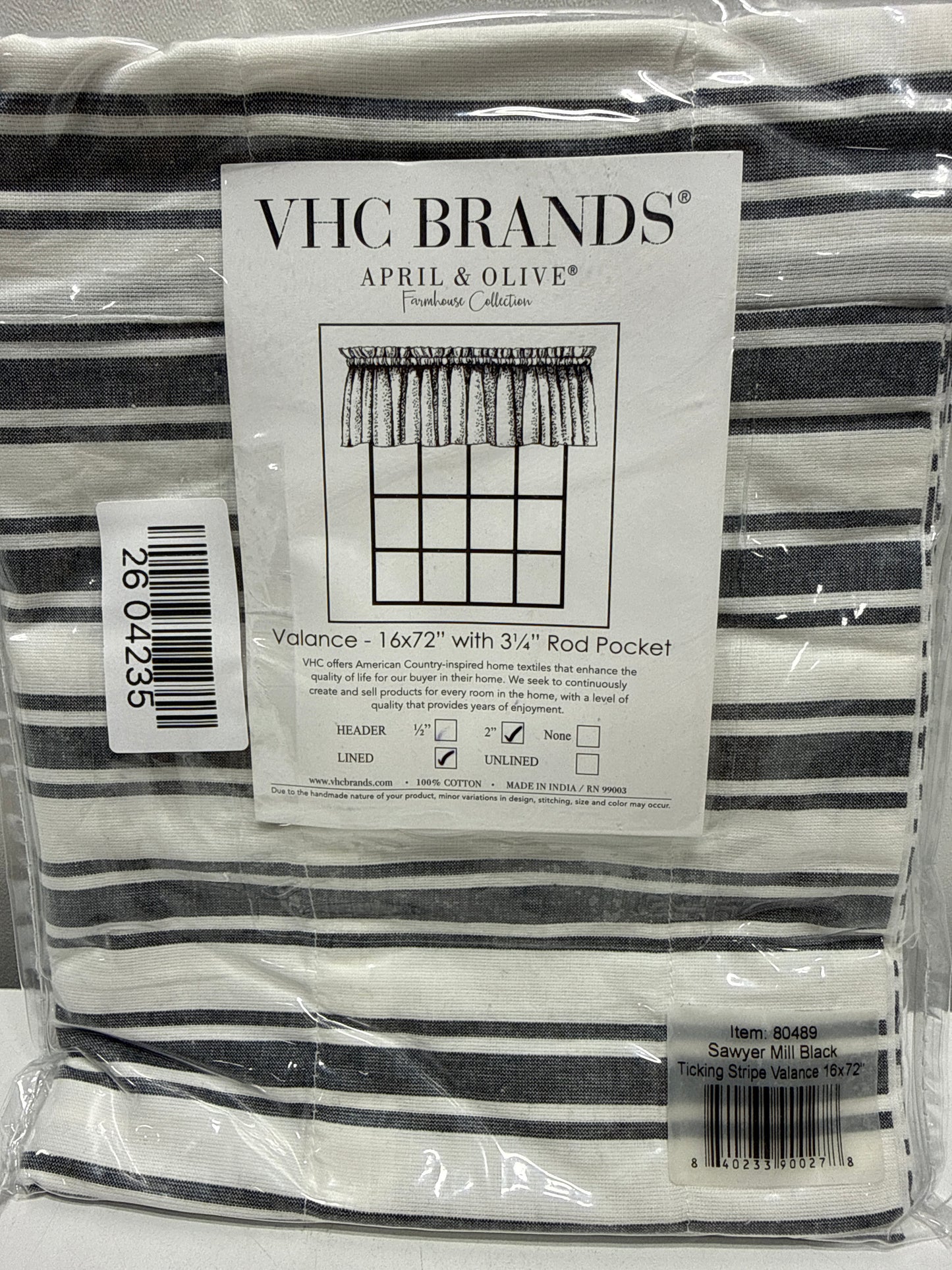 Sawyer Mill Ticking Stripe 72 in. L X 16 in. W Cotton Valance in Country Black Soft White