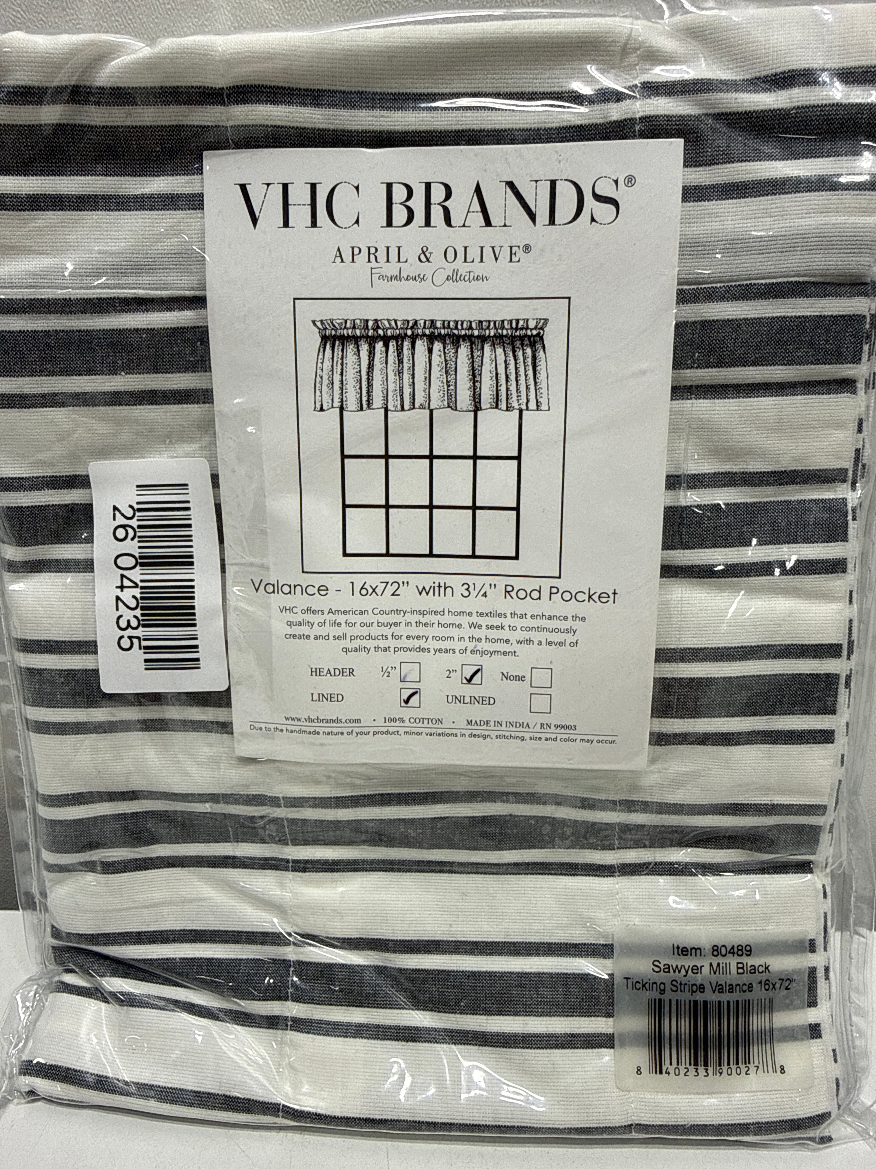 Sawyer Mill Ticking Stripe 72 in. L X 16 in. W Cotton Valance in Country Black Soft White
