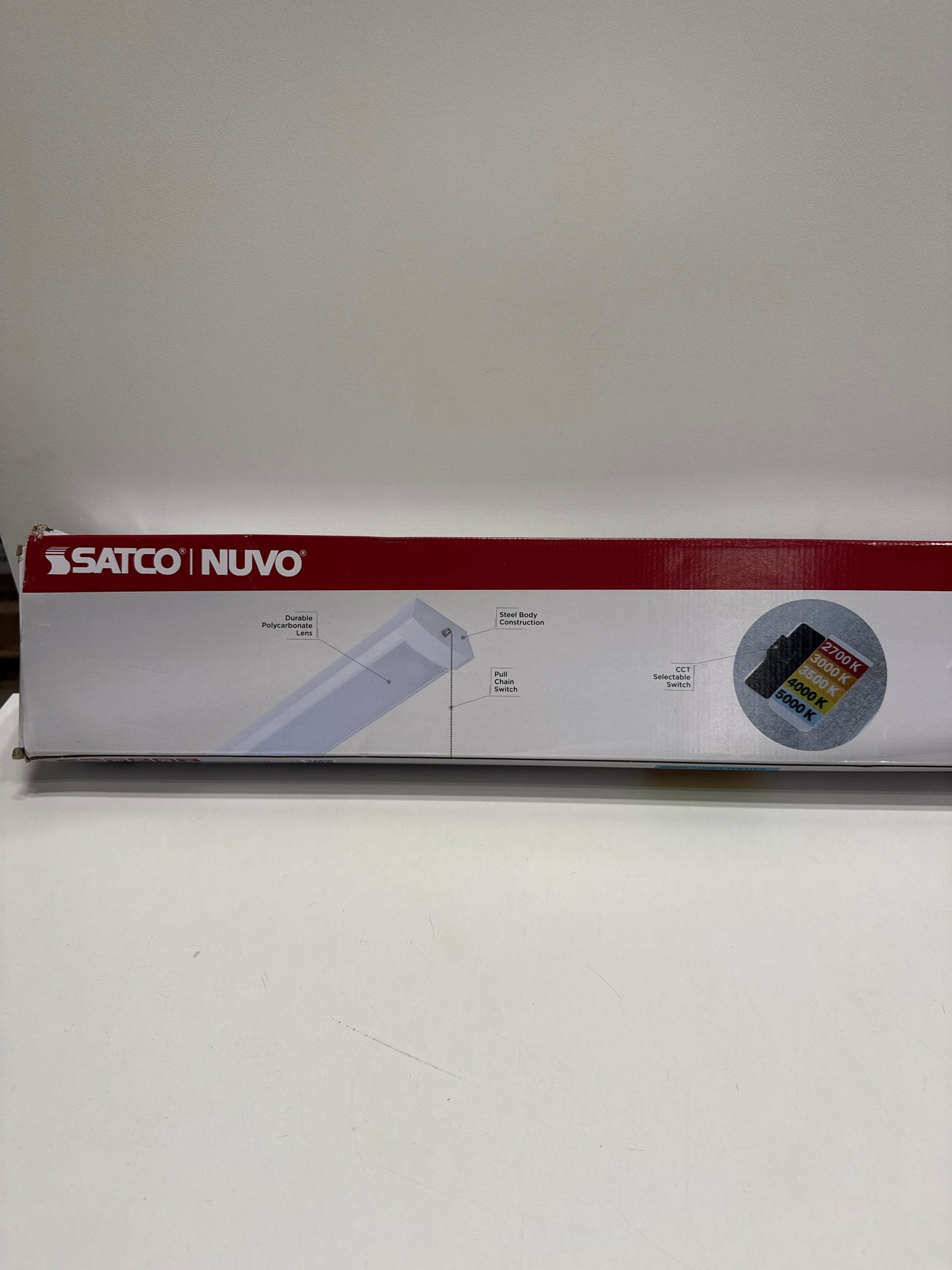Satco 65-1213 4FT LED Ceiling Wrap Light with Pull Chain, 39W, CCT Selectable 2700K–5000K, 3400 Lumens, 120V, White Steel Housing, Polycarbonate Lens, Non-Dimmable, Damp Rated