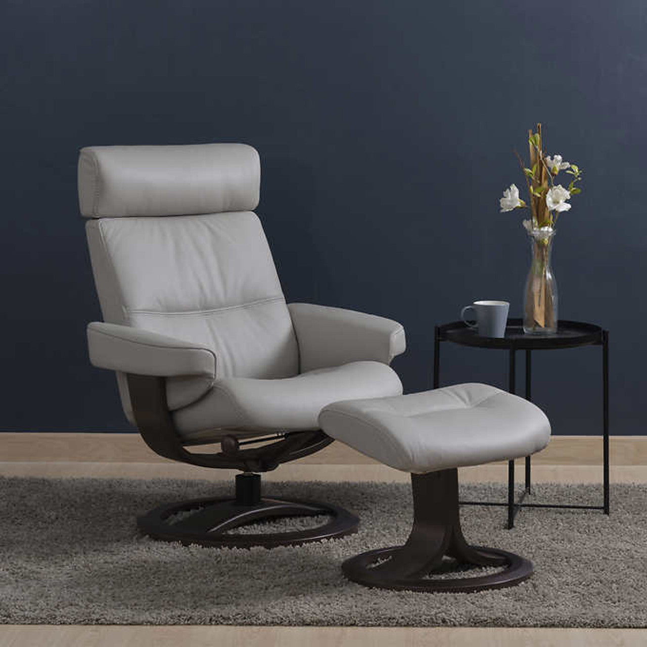 Oslo Leather Recliner & Ottoman - Beige and Mahogany