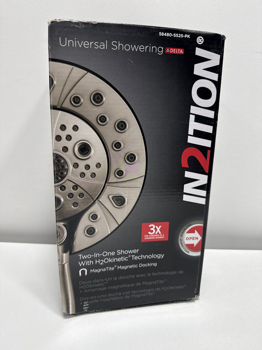 Used Delta In2ition 2.5 GPM Multi Function Shower Head with Touch-Clean, MagnaTite, and H2Okinetic Technology