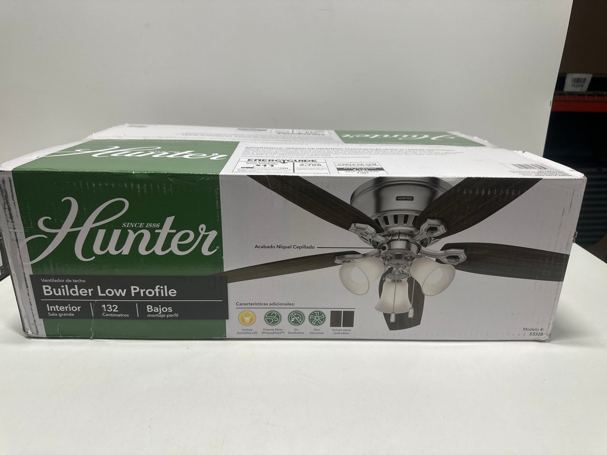 Hunter 52 inch Indoor Ceiling Fan with LED Lights - Ceiling Fan with Pull Chain, For Bedroom, Living Room, or Kitchen, Low Profile Mount, No Remote, 5 Blades - Builder 53328, Brushed Nickel