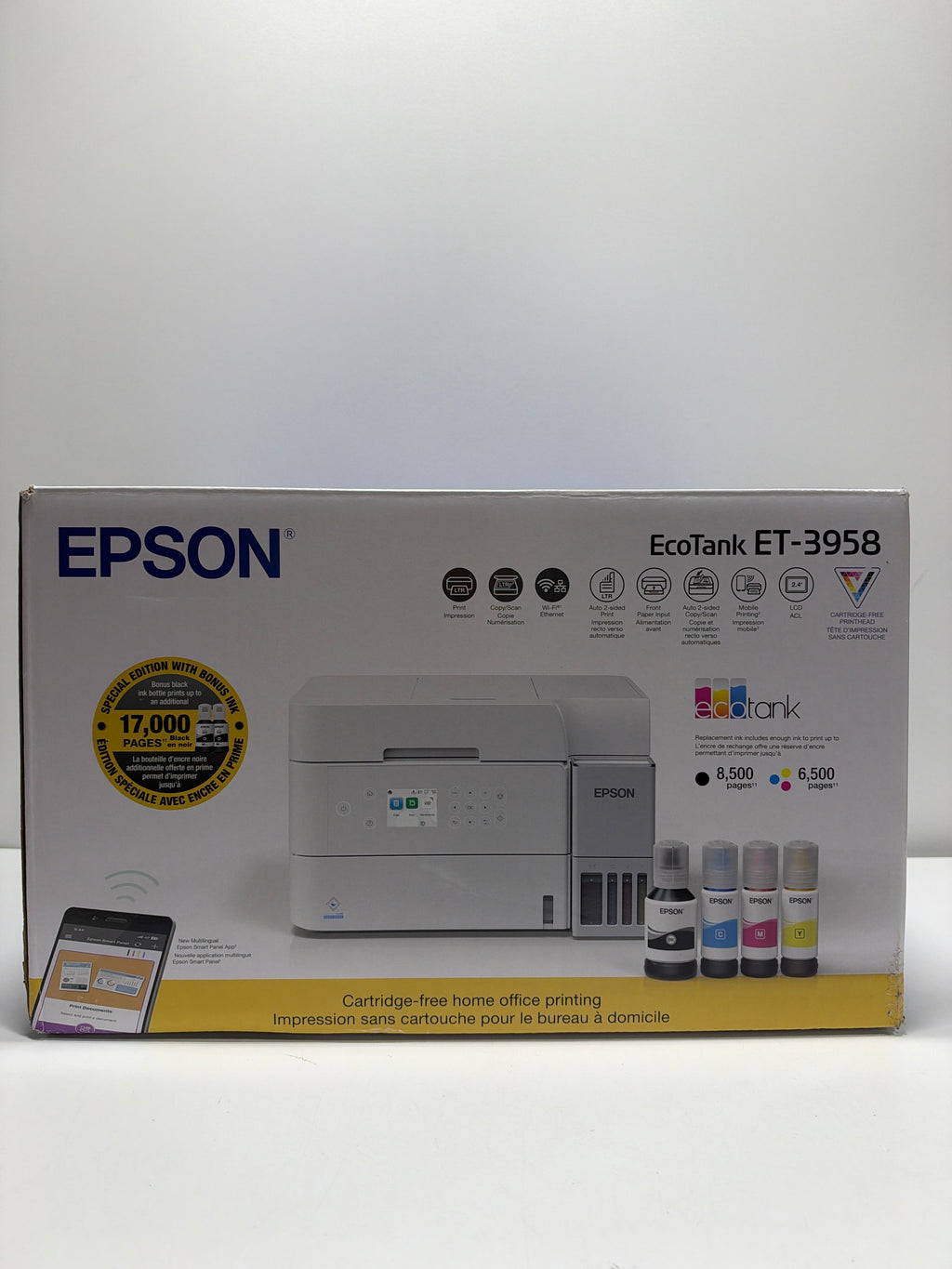 See Desc Epson EcoTank ET-3958 Wireless All-in-One Color Supertank Printer, Refillable Tanks, 2.4" Color Screen