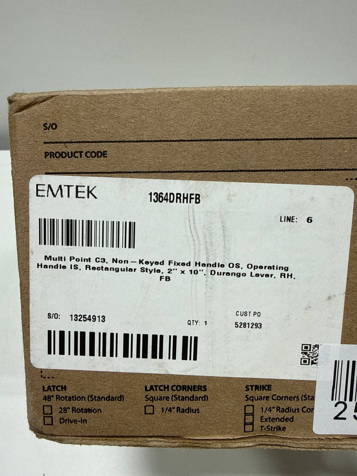 Emtek - Multi Point C3 Non-Keyed Fixed Handle OS Operating Handle IS Rectangular Style 2’’ x 10’’ Durango Lever RH FB