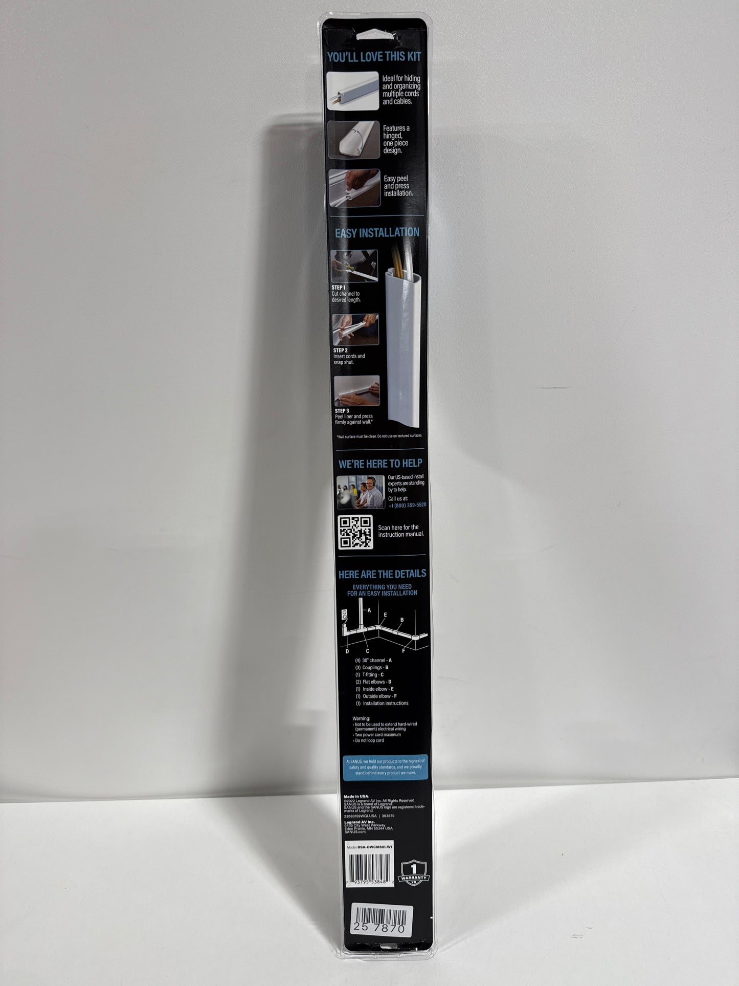 Sanus - on-Wall Cable Concealer Cord Cover Kit for Mounted TVs - Holds up to 4 Cables - White