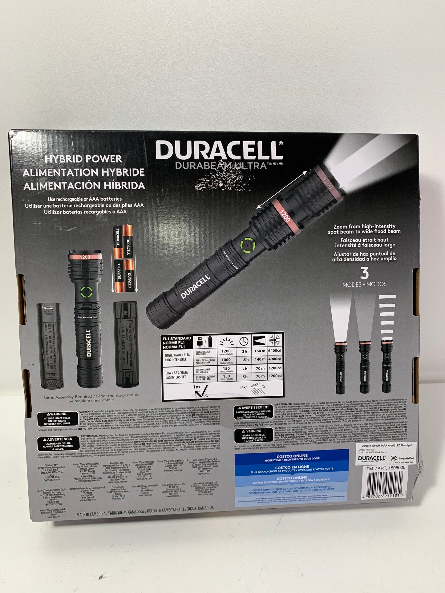 DURACELL Durabeam Ultra Hybrid LED Flashlights, 1200 Lumens, Set of 3, with Rechargeable and AAA Alkaline Batteries