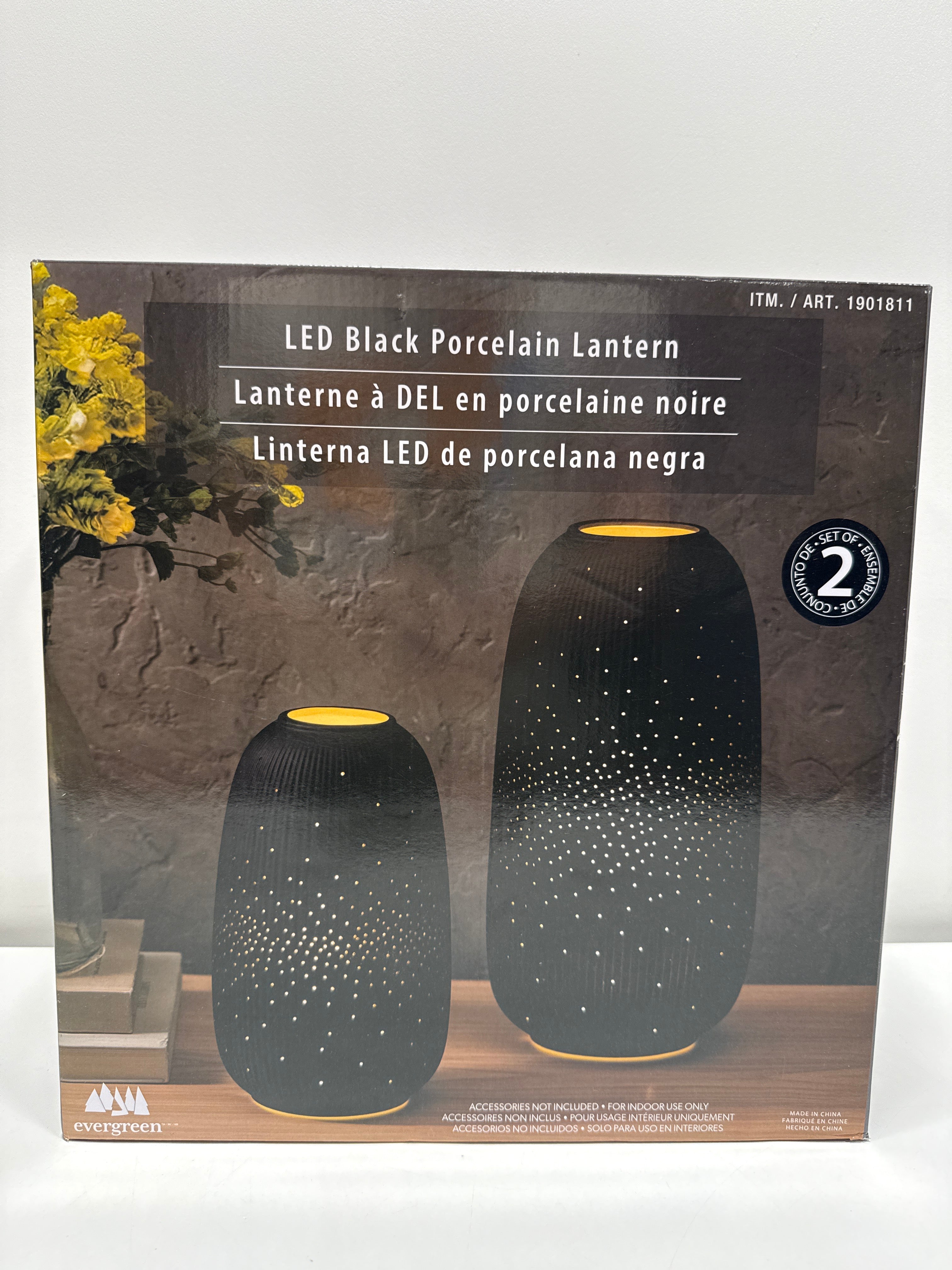 Evergreen LED Porcelain Lantern, Set of 2 Black