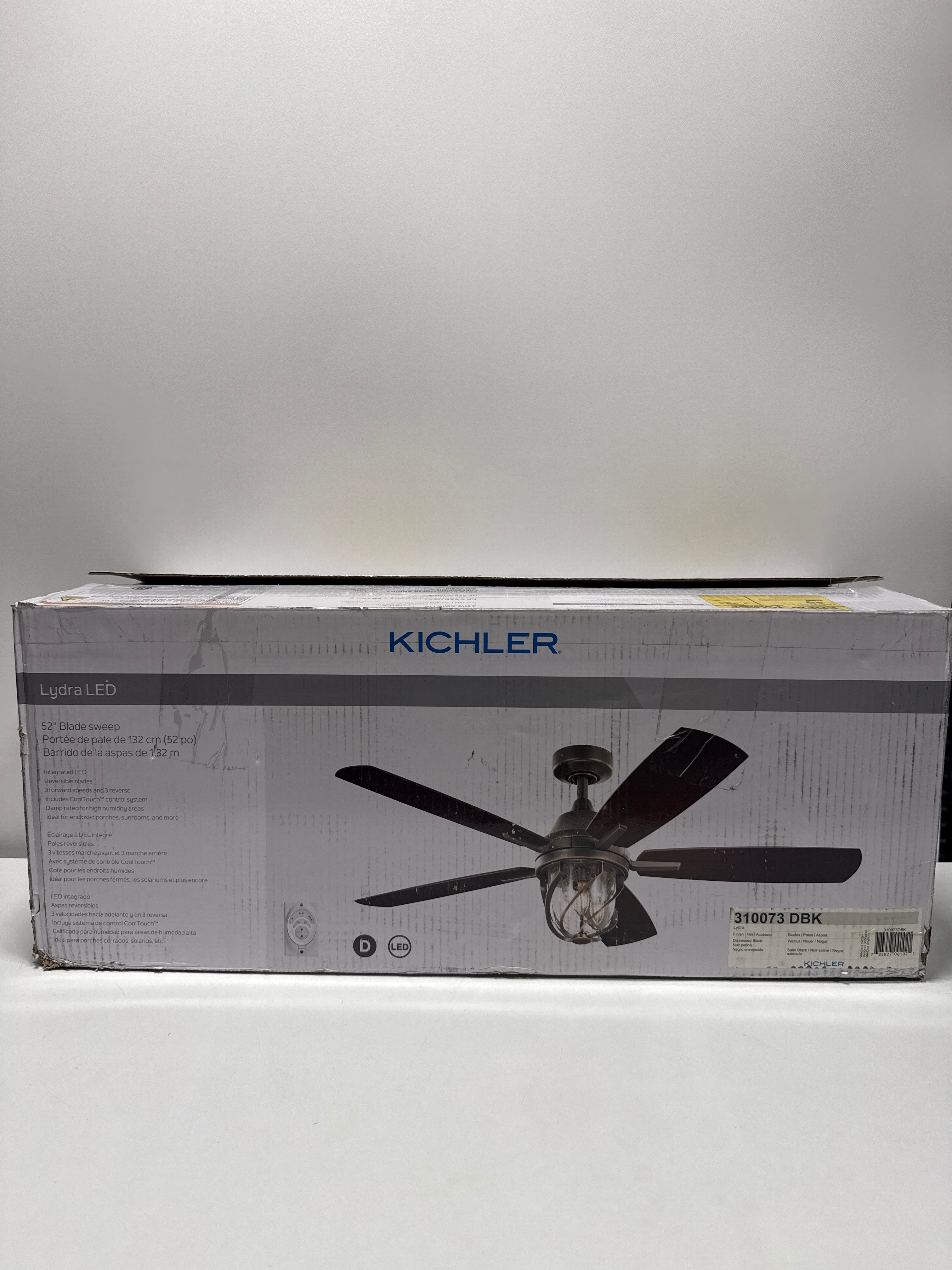 Kichler 52 inch Lydra Fan LED Ceiling Fan with Clear Seeded Glass in Distressed Black with Reversible Walnut and Satin Black blades