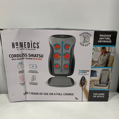 HoMedics Cordless Heated Deep Tissue Shiatsu Massage Cushion with 3 Massage Zones For Full Back Massage Coverage and Rechargeable Battery