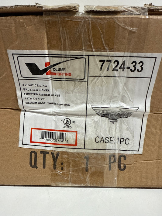 15 in. 3-Light Brushed Nickel Flush Mount with Frosted Ribbed Glass Bowl