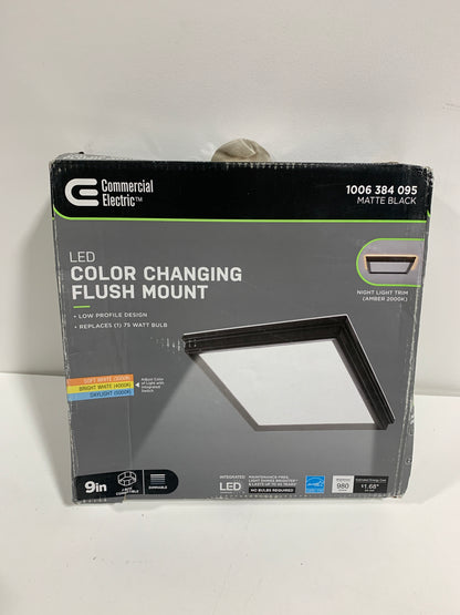 Low Profile 9 in. Matte Black Square LED Flush Mount with Night Light Feature J-Box Compatible Dimmable 900 Lumens
