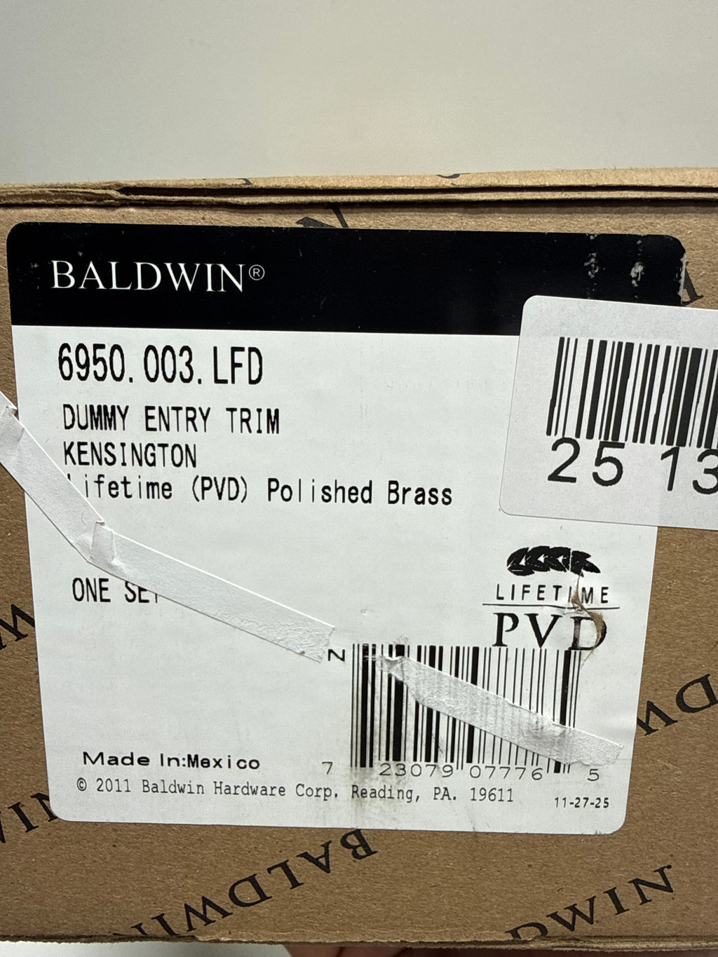 Baldwin 6950.LFD Kensington Left Hand Dummy Handleset Trim Set Lifetime Polished Brass - *Tools Hardware & Misc